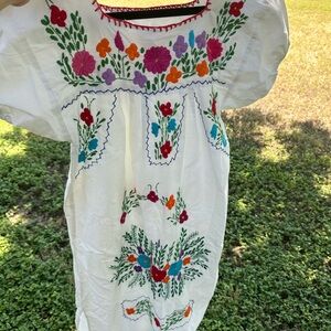 Hand Embroidered Dress - White with Multicolor Accents